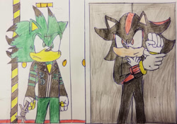 Size: 1024x715 | Tagged: safe, artist:theoneandonlycactus, shadow the hedgehog, oc, oc:cactus the hedgehog, hedgehog, black fur, fingerless gloves, gloves, green eyes, green fur, jacket, male, red eyes, red fur, traditional media