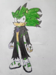 Size: 774x1032 | Tagged: safe, artist:theoneandonlycactus, oc, oc:cactus the hedgehog, hedgehog, fingerless gloves, gloves, green eyes, green fur, jacket, male, shoes, socks, traditional media