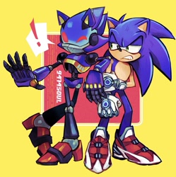 Size: 1921x1931 | Tagged: safe, artist:9474s0ul, chaos sonic, sonic the hedgehog, hedgehog, sonic prime s2, abstract background, annoyed, arm rest, clenched teeth, duo, exclamation mark, leaning on them, lidded eyes, robot, standing, wink