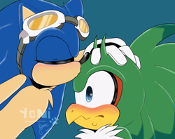 Size: 1948x1541 | Tagged: safe, artist:blueyoo, jet the hawk, sonic the hedgehog, bird, hedgehog, blue background, blushing, chest fluff, duo, duo male, eyes closed, gay, goggles, goggles on head, hand on another's head, jet x sonic, jet's goggles, kiss on head, male, males only, shipping, simple background, sweatdrop, watermark