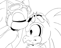 Size: 1948x1541 | Tagged: safe, artist:blueyoo, jet the hawk, sonic the hedgehog, bird, hedgehog, alternate version, black and white, chest fluff, duo, duo male, eyes closed, gay, goggles, goggles on head, hand on another's head, jet x sonic, jet's goggles, kiss on head, line art, male, males only, shipping, simple background, sweatdrop, white background