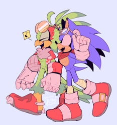 Size: 2048x2202 | Tagged: safe, artist:pastelmangos, artist:yu33_pm, jet the hawk, sonic the hedgehog, bird, hedgehog, ball, bandage, bandana, blue background, cute, duo, duo male, eyes closed, gay, hawk, holding hands, jacket, jet x sonic, jetabetes, looking up, male, males only, mouth open, musical note, one fang, sandals, shipping, simple background, smile, sonabetes, sunglasses, top surgery scars, volleyball, walking