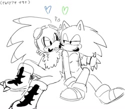 Size: 1024x896 | Tagged: safe, artist:gikijet, jet the hawk, sonic the hedgehog, black and white, blushing, duo, english text, gay, heart, jet x sonic, lidded eyes, line art, looking at each other, shipping, sitting, top surgery scars, trans male, transgender