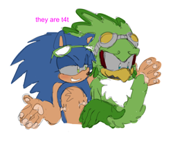 Size: 2048x1713 | Tagged: safe, artist:blehhhh36, jet the hawk, sonic the hedgehog, blushing, bust, chest fluff, duo, english text, gay, gloves off, goggles, grey sclera, lidded eyes, looking at them, looking away, mouth open, pawpads, shipping, simple background, smile, sonjet, sunglasses, t4t, top surgery scars, trans male, transgender, white background