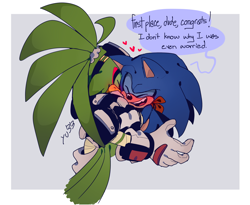 Size: 2048x1679 | Tagged: safe, artist:yu33_pm, jet the hawk, sonic the hedgehog, bandana, blushing, border, bust, cute, dialogue, duo, english text, eyes closed, gay, gradient background, heart, hugging, jet x sonic, jetabetes, one fang, shipping, signature, smile, sonabetes, speech bubble, standing