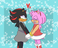 Size: 1280x1067 | Tagged: safe, artist:daniscribbles, amy rose, shadow the hedgehog, abstract background, amy x shadow, blushing, cute, dress, duo, duo female, eyes closed, female, females only, green blush, half r63 shipping, heart, holding hands, lesbian, looking at each other, shipping, smile, sparkles, standing, trans female, transgender