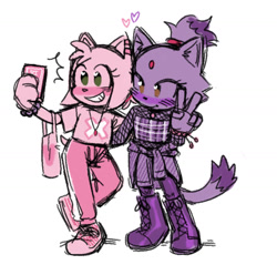 Size: 1426x1363 | Tagged: safe, artist:bl00doodle, amy rose, blaze the cat, cat, hedgehog, 2021, alternate version, amy x blaze, bag, blushing, cute, female, females only, hearts, lesbian, peace sign, phone, selfie, shipping