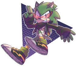 Size: 956x836 | Tagged: safe, artist:kitsutama, scourge the hedgehog, hedgehog, blue eyes, fingerless gloves, glasses, gloves, green fur, jacket, male, shoes, socks, sunglasses