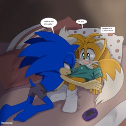 Size: 2183x2183 | Tagged: safe, artist:pepamintopatty, miles "tails" prower, sonic the hedgehog, abstract background, barefoot, bed, biting, blushing, clothes, dialogue, duo, english text, game boy advance, gay, gloves off, humanoid feet, indoors, lidded eyes, looking at each other, lying down, redraw, shipping, shirt, shorts, sonic x tails, speech bubble, thought bubble