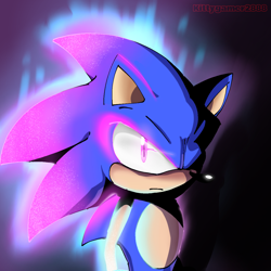 Size: 1280x1280 | Tagged: safe, artist:kittygamer2888, sonic the hedgehog, sonic prime s2, abstract background, frown, glowing eyes, prism form, prism sonic, redraw, solo, standing