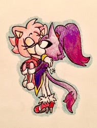 Size: 540x710 | Tagged: safe, artist:fleetways, amy rose, blaze the cat, cat, hedgehog, 2018, amy x blaze, amy's halterneck dress, blaze's tailcoat, carrying them, cute, eyes closed, female, females only, kiss, lesbian, shipping