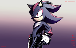 Size: 3000x1910 | Tagged: safe, artist:einnharder, shadow the hedgehog, hedgehog, alternate version, angry, frown, gun, holding something, looking offscreen, male, shadow the hedgehog (video game), solo, standing