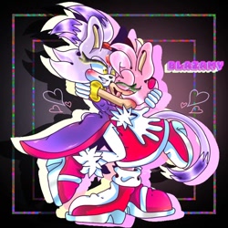 Size: 768x768 | Tagged: safe, artist:bladewarrior2020, amy rose, blaze the cat, cat, hedgehog, 2021, amy x blaze, amy's halterneck dress, blaze's tailcoat, blushing, cute, eyes closed, female, females only, hugging, lesbian, shipping