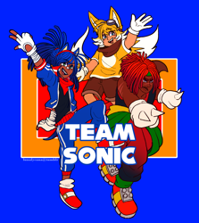 Size: 1676x1876 | Tagged: safe, artist:lunalycana, knuckles the echidna, miles "tails" prower, sonic the hedgehog, human, sonic heroes, abstract background, clothes, english text, frown, humanized, male, males only, partially humanized, scar, smile, team sonic, trio