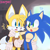 Size: 2048x2048 | Tagged: dead source, safe, artist:katyxel, miles "tails" prower, sonic the hedgehog, abstract background, apron, doorway, duo, gay, hand on shoulder, indoors, leaning forward, looking at each other, mouth open, shipping, sonic x tails, stain, standing, surprised, sweatdrop