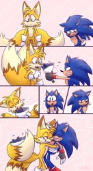 Size: 1117x2048 | Tagged: safe, artist:cjjp8, artist:jeffydust, miles "tails" prower, sonic the hedgehog, fox, hedgehog, abstract background, adult, blushing, comic, cute, dialogue, duo, eyes closed, flower bouquet, gay, heart, hugging, male, males only, older, panels, shipping, sonic x tails, spanish text, striped background, wink