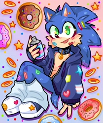 Size: 1668x2000 | Tagged: safe, artist:matrix--lazy, sonic the hedgehog, 2023, abstract background, blushing, collar, cute, donut, ear piercing, fingerless gloves, heart, holding something, leg warmers, male, painted fingernails, ring, smile, solo, sonabetes, spray can, star (symbol), tongue out, top surgery scars, trans male, transgender, v sign