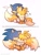 Size: 1536x2048 | Tagged: safe, artist:tetsuchibimori, miles "tails" prower, sonic the hedgehog, ..., 2023, blushing, cute, duo, gay, heart, holding something, hugging, kneeling, looking at them, miles electric, musical notes, pout, shipping, simple background, smile, sonabetes, sonic x tails, tailabetes, white background, wholesome