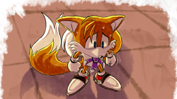 Size: 1920x1080 | Tagged: safe, artist:rubyofblue, miles "tails" prower, fox, sonic adventure, 2021, abstract background, jet anklet, male, redraw, rhythm badge, scared, scene interpretation, solo, standing, station square