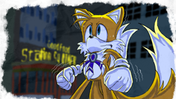 Size: 1920x1080 | Tagged: safe, artist:rubyofblue, miles "tails" prower, fox, sonic adventure, 2021, abstract background, clenched fists, frown, looking ahead, male, nervous, nighttime, redraw, rhythm badge, shivering, standing, station square, sweatdrop