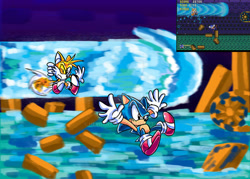 Size: 800x572 | Tagged: safe, artist:heroart110, miles "tails" prower, sonic the hedgehog, fox, hedgehog, hydrocity zone, 2016, abstract background, brick, conveyor belt, deviantart watermark, duo, male, males only, mid-air, redraw, reference inset, sonic the hedgehog 3, spinning tails, water