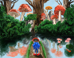 Size: 1920x1507 | Tagged: safe, artist:tyrel oshinowo, sonic the hedgehog, hedgehog, back view, lake, male, mushroom, mushroom hill, ring, solo, sonic the hedgehog 3, spring, standing, tree, water