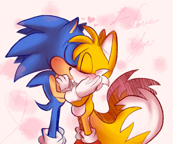 Size: 1280x1067 | Tagged: safe, artist:bunonii, miles "tails" prower, sonic the hedgehog, 2016, abstract background, blushing, duo, english text, eyes closed, gay, heart, holding each other, kiss, shipping, sonic x tails, standing