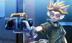 Size: 1600x969 | Tagged: safe, artist:0law, miles "tails" prower, nine, human, sonic prime, abstract background, frown, gun, holding something, humanized, looking ahead, male, partially humanized, solo, standing