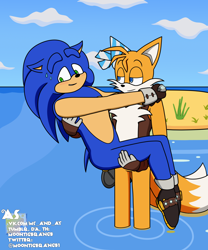 Size: 2048x2458 | Tagged: safe, artist:moontigerange1, miles "tails" prower, sails, sonic the hedgehog, fox, hedgehog, sonic prime, aged up, blushing, carrying them, duo, gay, island, lidded eyes, looking at each other, ocean, older, sails x sonic, shipping, smile, sonic x tails, standing, sweatdrop