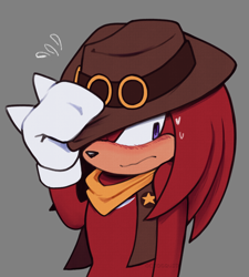 Size: 900x1000 | Tagged: safe, artist:0ctosquid-ink, knuckles the echidna, the murder of sonic the hedgehog, blushing, flustered, frown, grey background, hat, holding something, jacket, looking away, male, simple background, solo, standing, sweatdrop