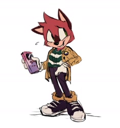 Size: 1840x1961 | Tagged: safe, artist:ratrrriot, barry the quokka, alternate outfit, black shoes, blushing, clenched teeth, game boy, hand in pocket, holding something, jacket, looking offscreen, nonbinary, pants, quokka, shirt, smile, solo, standing, yellow socks