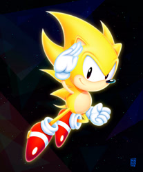 Size: 1024x1235 | Tagged: safe, artist:nerkin, sonic the hedgehog, super sonic, 2018, abstract background, classic sonic, clenched fist, looking at viewer, salute, smile, solo, sonic 2 hd (fanproject), star (symbol), super form