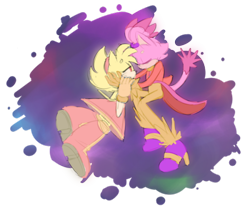 Size: 540x455 | Tagged: safe, artist:sonicshank, amy rose, blaze the cat, burning blaze, cat, hedgehog, 2018, amy x blaze, amy's halterneck dress, bedroom eyes, blaze's tailcoat, cute, eyes closed, female, females only, hand on cheek, lesbian, shipping, super amy, super form