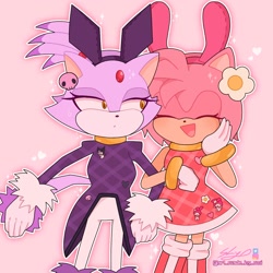 Size: 1500x1500 | Tagged: safe, artist:artmadebymoi, amy rose, blaze the cat, cat, hedgehog, 2022, amy x blaze, amy's halterneck dress, blaze's tailcoat, cute, eyes closed, female, females only, flower, holding hands, lesbian, mouth open, shipping, skull