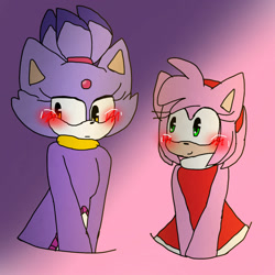 Size: 1280x1280 | Tagged: safe, artist:2cherrysakura2, amy rose, blaze the cat, cat, hedgehog, 2020, amy x blaze, amy's halterneck dress, blaze's tailcoat, blushing, cute, female, females only, lesbian, looking at them, shipping, shy