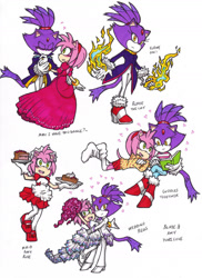 Size: 1024x1407 | Tagged: safe, artist:dawnhedgehog555, amy rose, blaze the cat, cat, hedgehog, 2016, amy x blaze, blaze's tailcoat, book, cake, cute, dress, female, females only, flame, hearts, kiss on hand, lesbian, shipping, wedding dress, wedding suit