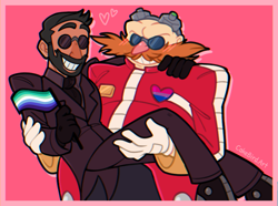 Size: 780x580 | Tagged: safe, artist:cakebird-art, agent stone, robotnik, human, badge, bisexual, bisexual pride, border, carrying them, duo, gay, heart, mlm pride, pride, pride flag, red background, robotnik x stone, shipping, simple background, smile