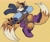 Size: 2048x1738 | Tagged: safe, artist:sonicattos, miles "tails" prower, oc, oc:molly prower, blushing, claws, clothes, ear fluff, female, fingerless gloves, flying, goggles, looking offscreen, mouth open, one fang, overalls, redraw, scarf, simple background, solo, spinning tails, trans female, transgender, yellow background