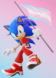 Size: 1472x2048 | Tagged: safe, artist:ladylunanova, sonic the hedgehog, 3d, clothes, crop top, flag, gradient background, looking at viewer, mod, pants, pride, pride flag, smile, soap shoes, sonic generations, trans female, trans pride, transgender