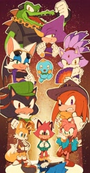 Size: 1600x3072 | Tagged: safe, artist:herasoufleeart, amy rose, barry the quokka, blaze the cat, espio the chameleon, knuckles the echidna, miles "tails" prower, rouge the bat, shadow the hedgehog, sonic the hedgehog, vector the crocodile, chao, the murder of sonic the hedgehog, abstract background, alternate outfit, corpse, death, group, neutral chao, outline, poster