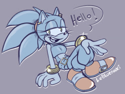 Size: 1024x768 | Tagged: safe, artist:lebluenooki, sonic the hedgehog, bracelet, dialogue, earring, gender swap, grey background, looking offscreen, signature