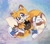 Size: 2032x1806 | Tagged: safe, artist:chibi-0004, miles "tails" prower, sonic adventure, 2023, abstract background, blue shoes, blushing, claws, clothes, fingerless gloves, gloves, older, pawpads, pointing, posing, shorts, smile, solo, tank top, teenager