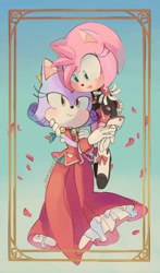 Size: 828x1405 | Tagged: safe, artist:smallpanda, amy rose, blaze the cat, cat, hedgehog, 2020, amy x blaze, blushing, cute, dress, female, females only, holding hands, lesbian, petals, shipping