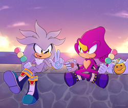 Size: 1280x1083 | Tagged: safe, artist:verocitea, espio the chameleon, silver the hedgehog, hedgehog, candy, chameleon, sunset