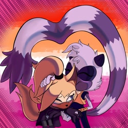 Size: 2048x2048 | Tagged: safe, artist:al_rart, tangle the lemur, whisper the wolf, 2023, abstract background, blushing, duo, eyes closed, hand on another's head, heart tail, lesbian, lesbian pride, looking at them, one eye closed, pride, pride flag, pride flag background, shipping, smile, standing, tangle x whisper