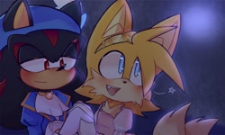 Size: 2048x1230 | Tagged: safe, artist:autsomlas, miles "tails" prower, shadow the hedgehog, 2023, abstract background, blushing, crossdressing, dress, duo, femboy, gay, hat, holding hands, lidded eyes, looking at them, looking offscreen, mouth open, one fang, shadow x tails, shipping, smile, star (symbol), tiara