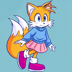 Size: 512x512 | Tagged: safe, ai art, artist:mobians.ai, miles "tails" prower, blushing, female, looking ahead, looking offscreen, pink shoes, prompter:taeko, simple background, skirt, smile, solo, sweater, trans female, transgender, turquoise background, walking