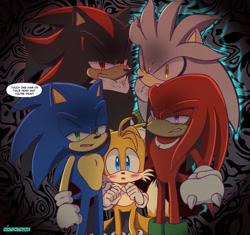 Size: 2548x2391 | Tagged: safe, artist:mintokitsune_, knuckles the echidna, miles "tails" prower, shadow the hedgehog, silver the hedgehog, sonic the hedgehog, abstract background, blushing, dialogue, english text, frown, gay, glowing eyes, group, knuxails, looking at viewer, male, males only, shadow x tails, shipping, silvails, sonic x tails, speech bubble, standing, tails gets all the boys, talking to viewer, yandere