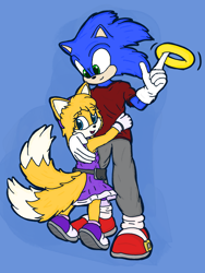 Size: 1500x2000 | Tagged: safe, artist:theowlgoesmoo, miles "tails" prower, sonic the hedgehog, gender swap, hugging, ring