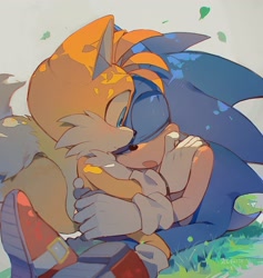 Size: 1940x2048 | Tagged: safe, artist:c52278, miles "tails" prower, sonic the hedgehog, 2021, blushing, duo, gay, grass, grey background, leaf, looking at them, outdoors, shipping, simple background, sitting, sleeping, snuggling, sonic x tails